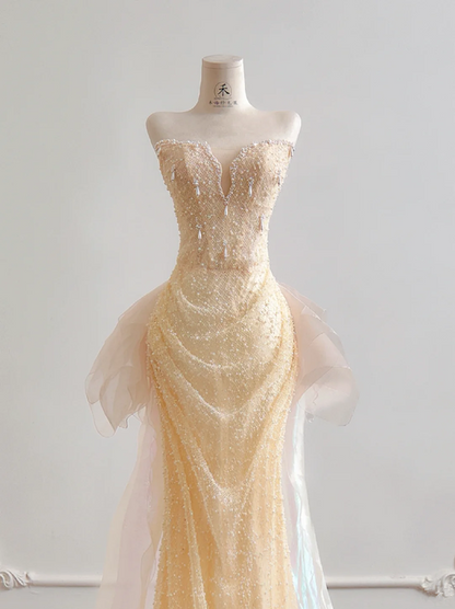 Light apricot strapless fitted waist bodycon long ball gown R8174