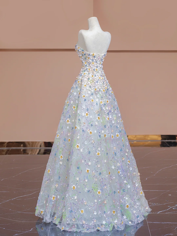 Light blue strapless fitted bodice with floral skirt, ball gown/bridal dress R8347