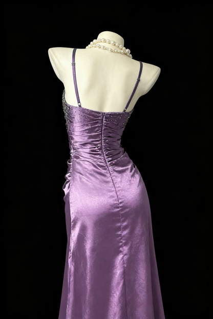 Elegant Spaghetti Straps Lavender Beaded Satin Pleated Mermaid Long Prom Dress Birthday Party Dress SP1752