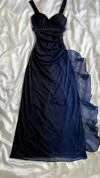 Dark Blue Straps Chiffon Vintage Long Party Dress Prom Gown MD7409