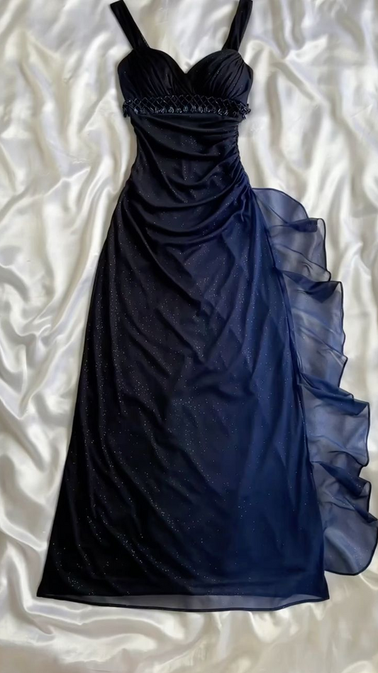 Dark Blue Straps Chiffon Vintage Long Party Dress Prom Gown MD7409
