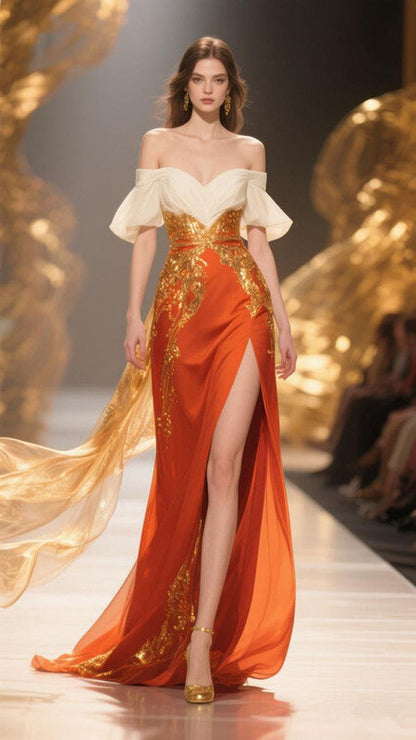 Orange dress with one shoulder design, slim waist and long dress, prom dress R5350