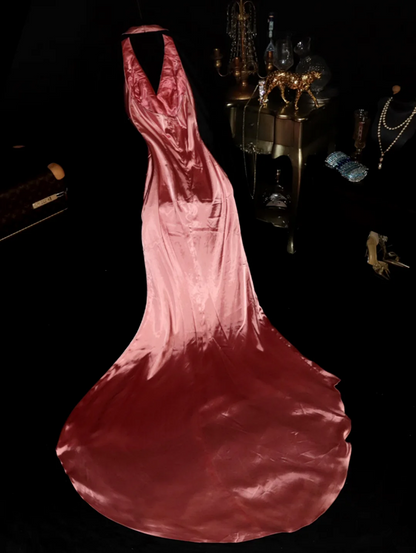 Pink halter neck fitted waist long satin ball gown R6416