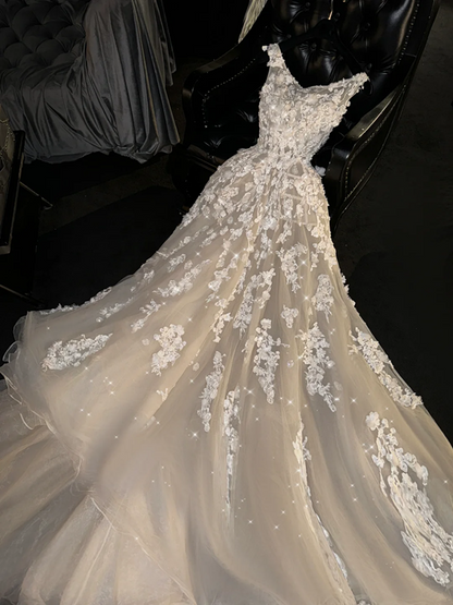 Light apricot halter-neck A-line long ball gown/bridal dress R8746