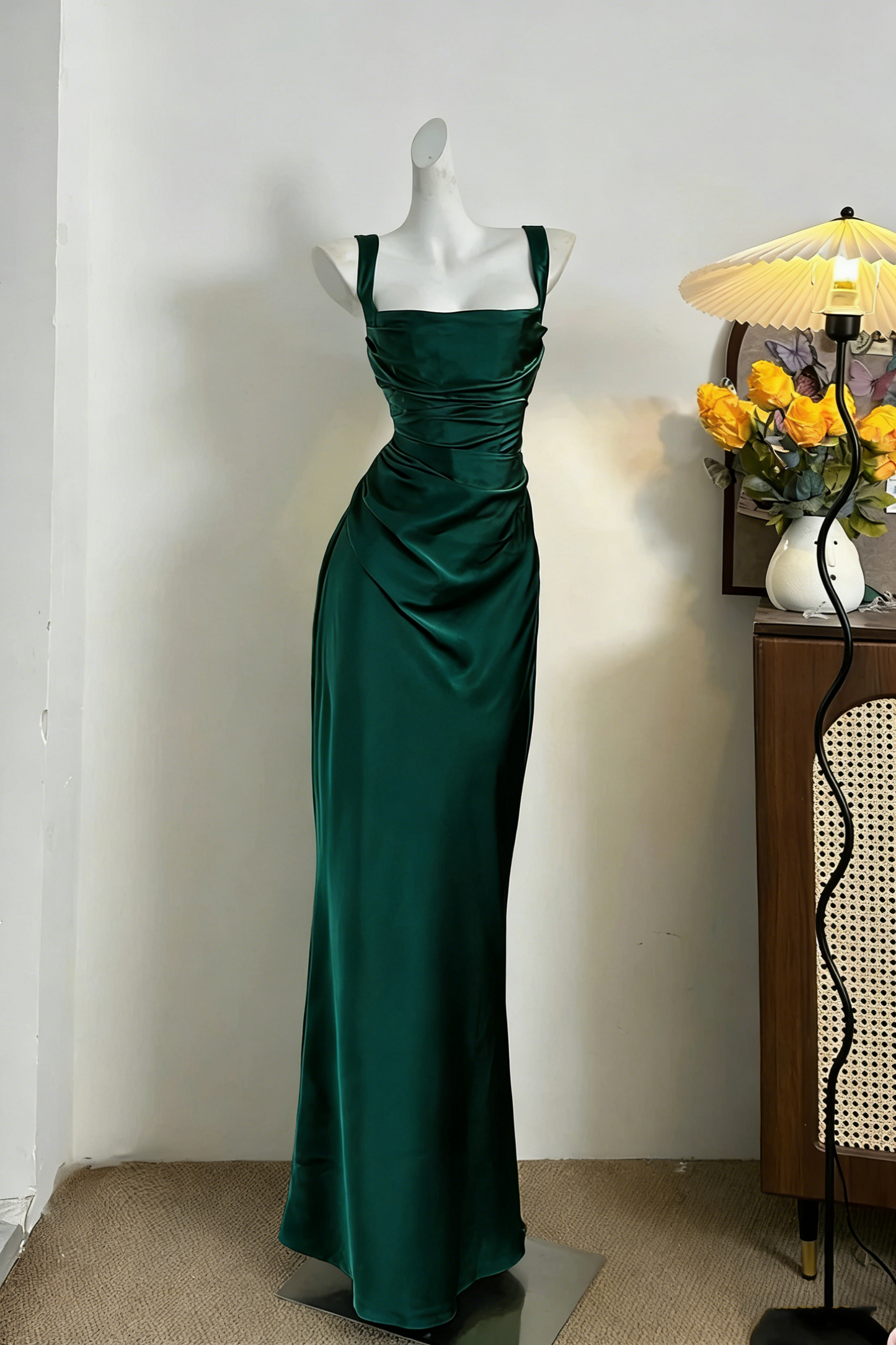 Classy Green Satin Mermaid Long Wedding Guest Dress Formal Birthday Prom Dress Party Dress D1844