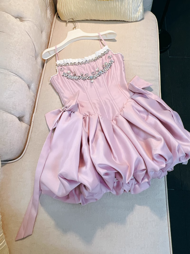 Chic Pink Spaghetti Strap Beading A-line V-neck Party Dresses Homecoming Dresses, D1339