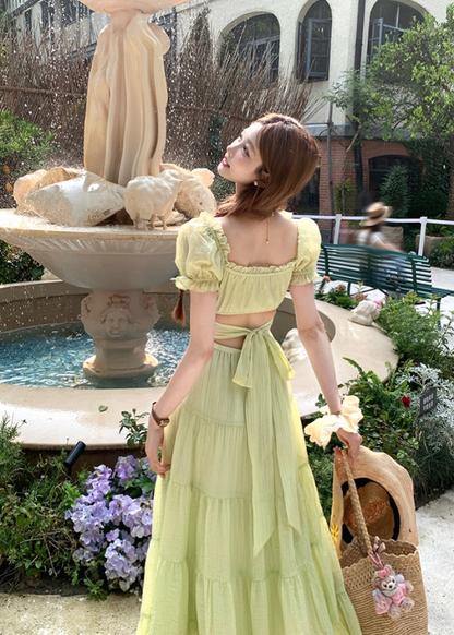 Green long waist square collar short sleeve dress summer French retro a-line high-end skirt R4704