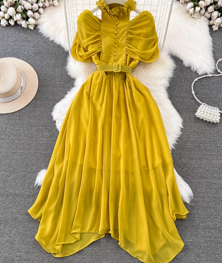 Light luxury temperament stand-up collar off-shoulder pleated waist A-line chiffon dress elegant long skirt R0374