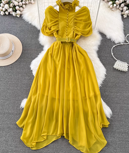 Light luxury temperament stand-up collar off-shoulder pleated waist A-line chiffon dress elegant long skirt R0374