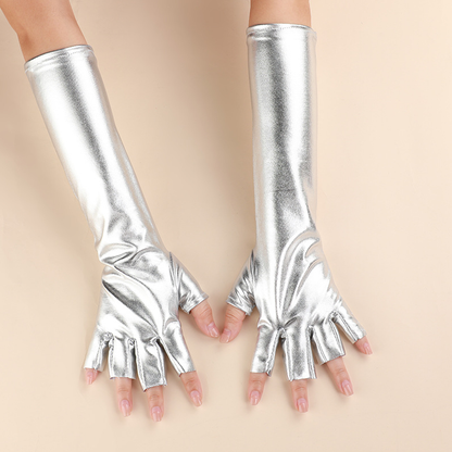 Half Finger Patent Leather Stretch Gloves Holiday Party Cosplay Costume Decoration Mid-Length     S6264