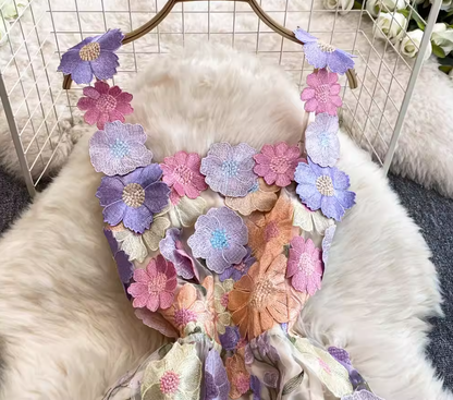 French mesh three-dimensional flower embroidery perspective waist dress suspenders dress short skirt R0323