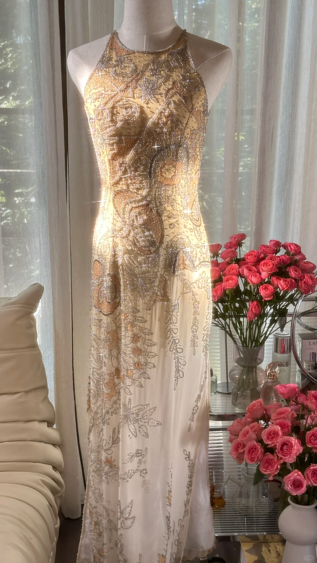 Retro Golden Sparkling Beaded Halter Dress Elegant Chiffon Evening Dress Prom Dresses D1493