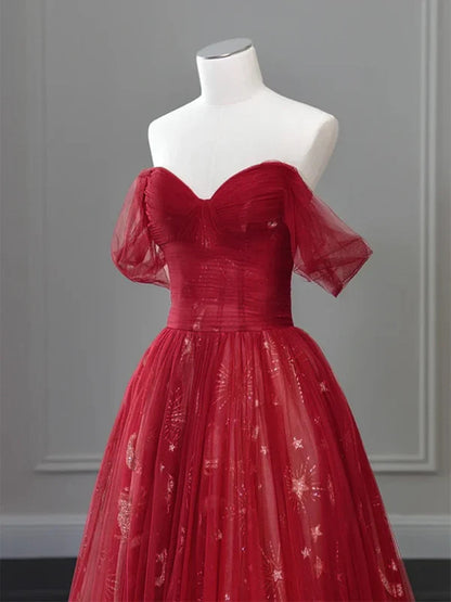 Red Sweetheart Tulle Off Shoulder Party Dress, Red A-line Tulle Long Prom Dress