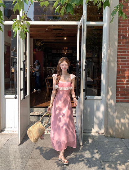 Pink Summer Romantic Lace Floral Suspender Dress Women's Summer French Dress R4822