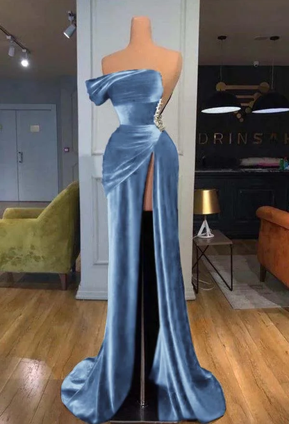 Royal Blue One Shoulder Velvet Split Long Prom Dress Evening Dress M4925