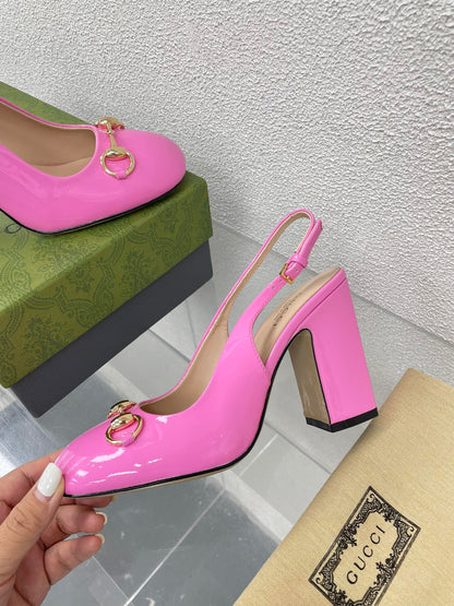 GG WOMEN'S HORSEBIT SLINGBACK 95MM IN FUSICA PINK CALFSKIN