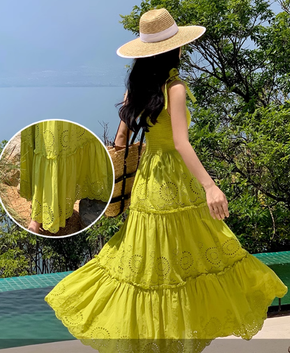 Bohemian holiday long dress elastic square neck slim waist embroidered ruffled suspender dress R0206
