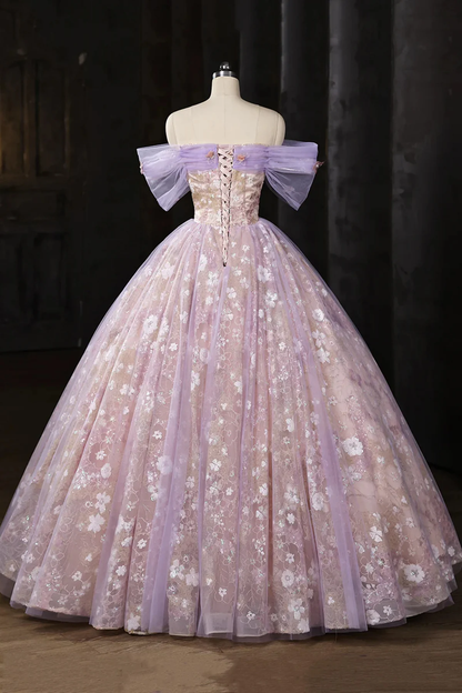 Light Purple Floral Tulle Prom Dress with Lace, A-line Off Shoulder Evening Dress Formal Dress  fg8733
