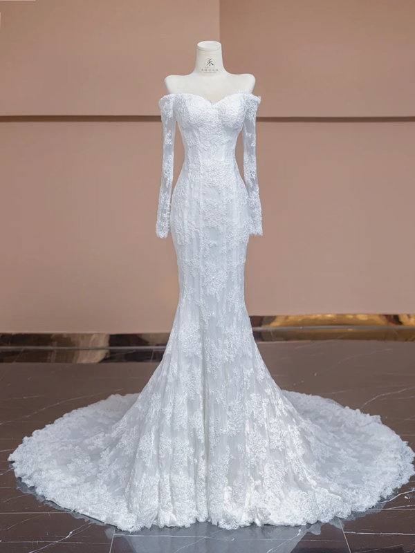 White lace off-the-shoulder fitted waist sexy bodycon fishtail skirt long ball gown/bridal dress R8291