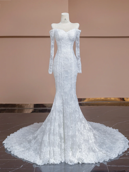 White lace off-the-shoulder fitted waist sexy bodycon fishtail skirt long ball gown/bridal dress R8291