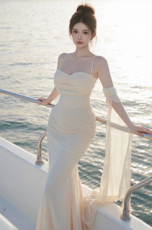 Light apricot halter-neck fitted waist slim hip sexy long ball gown R7540
