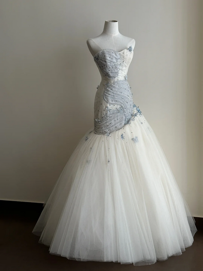 Light blue strapless waist‑cinched slim‑fit bodycon sexy ruffled long prom gown R8006