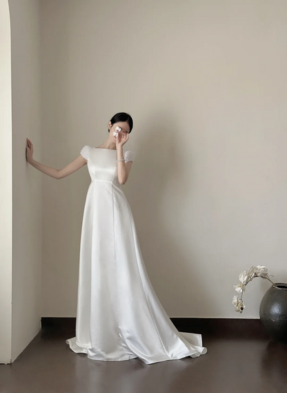 White high‑waist elegant long prom dress R7967