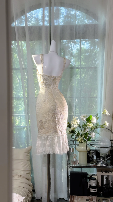 Light apricot halter-neck fitted waist slim hip mid-length ball gown R7616
