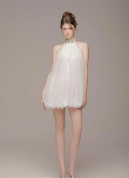 White halter neck temperament straight flower bud skirt short skirt homecoming dress R4807