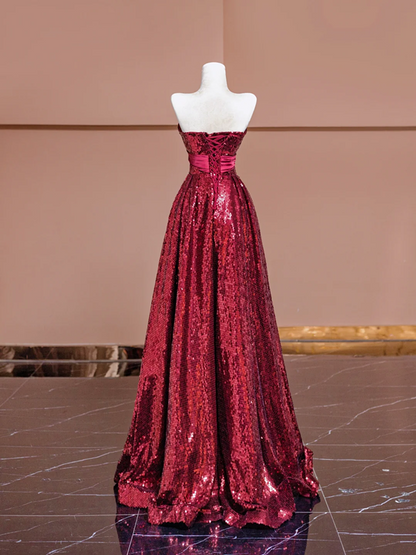 Deep red sequined strapless fitted waist elegant long ball gown, bridal dress R8381