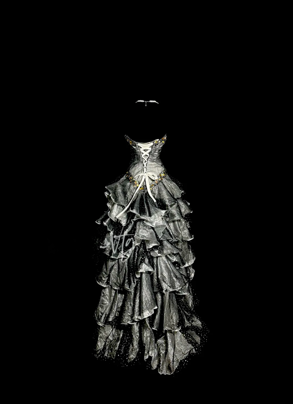 Gray strapless rhinestone-embellished, fitted waist, pleated, tiered skirt, long ball gown R6661