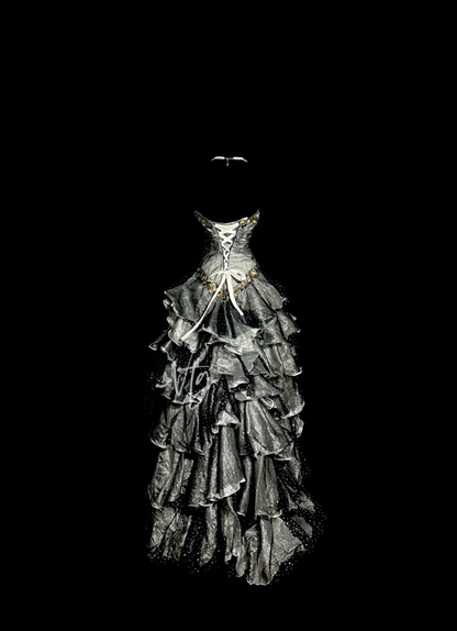 Gray strapless rhinestone-embellished, fitted waist, pleated, tiered skirt, long ball gown R6661