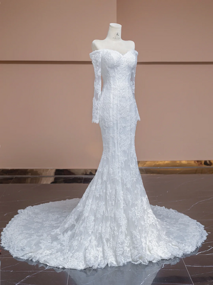 White lace off-the-shoulder fitted waist sexy bodycon fishtail skirt long ball gown/bridal dress R8291