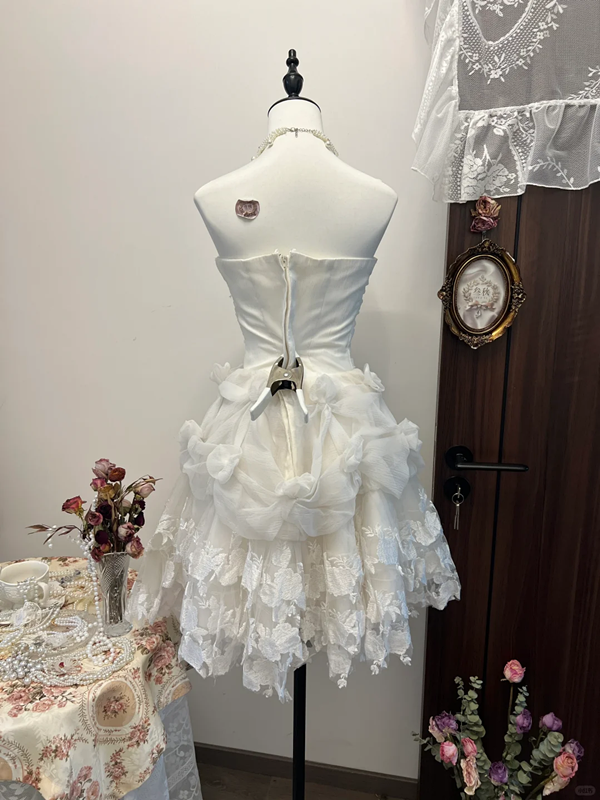 White tube top waist layered tulle design fluffy skirt lace skirt homecoming dress R4319