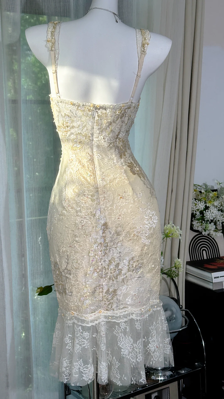Light apricot halter-neck fitted waist slim hip mid-length ball gown R7616