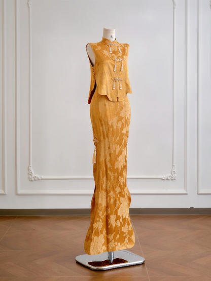 Gold sleeveless fitted waist bodycon skirt suit for prom dress R8175