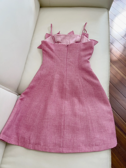 Pink halter neckline 3D flower waist slim A-line short skirt homecoming dress R5231