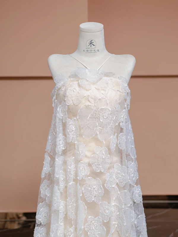 Light apricot halter-neck long straight-cut ball gown, bridal dress R8348