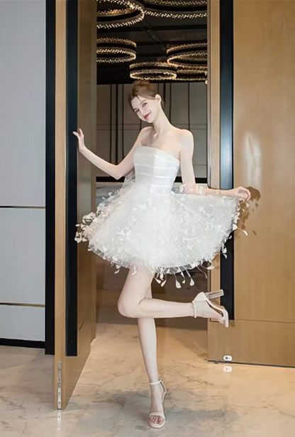 White tube top waist beautiful three-dimensional cute skirt short skirt homecoming dress R4198