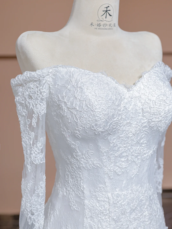 White lace off-the-shoulder fitted waist sexy bodycon fishtail skirt long ball gown/bridal dress R8291