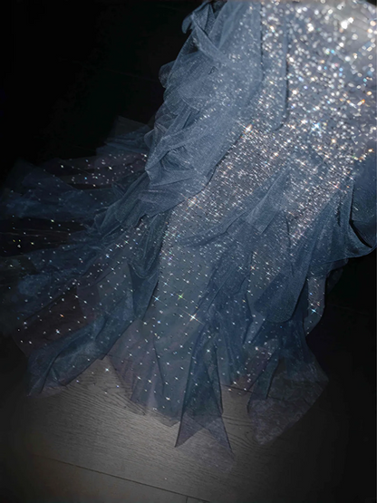 Light blue suspender sequined waist slim hip long skirt, prom dress R5630
