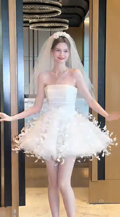 White tube top waist beautiful three-dimensional cute skirt short skirt homecoming dress R4198