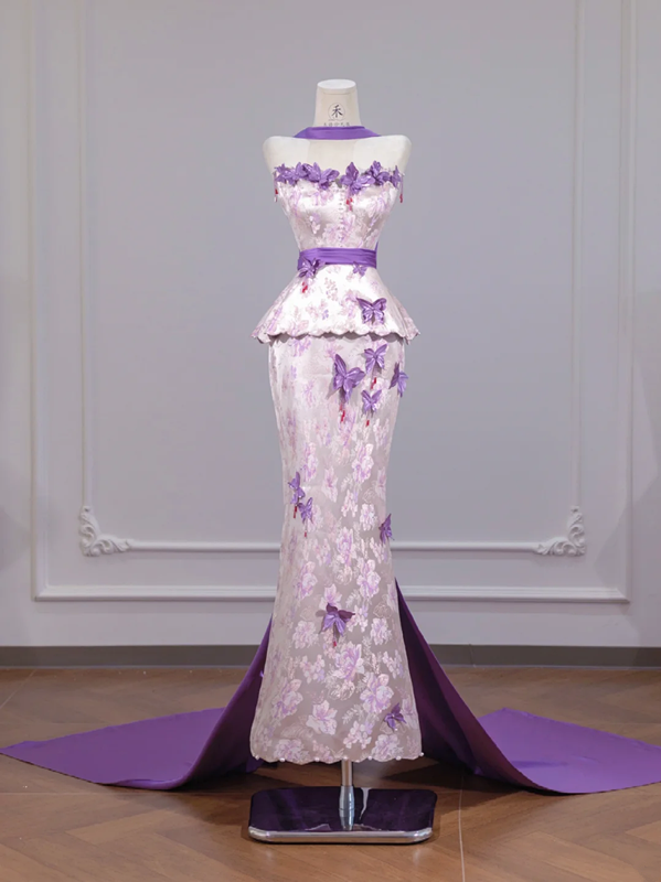 Light purple floral print strapless waist-cinching bodycon skirt ball gown R8261