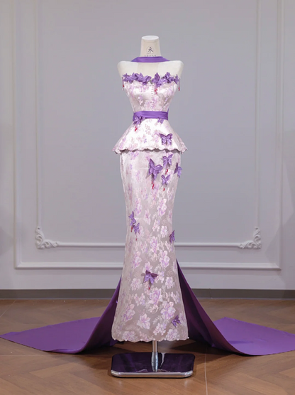 Light purple floral print strapless waist-cinching bodycon skirt ball gown R8261