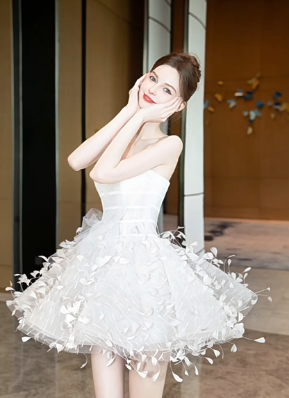 White tube top waist beautiful three-dimensional cute skirt short skirt homecoming dress R4198