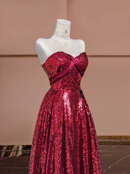 Deep red sequined strapless fitted waist elegant long ball gown, bridal dress R8381