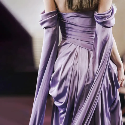 Elegant Purple Off Shoulder A-Line Satin Long Formal Party Dress MD7350