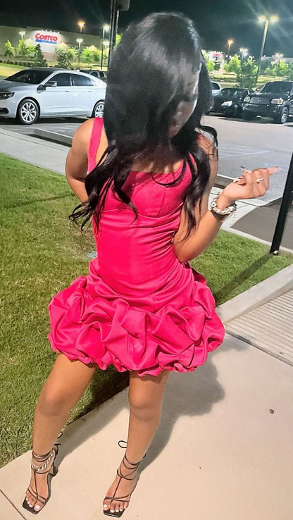 Rose red suspender waist slim fit flower bud skirt short skirt homecoming dress R5470