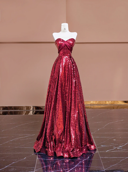 Deep red sequined strapless fitted waist elegant long ball gown, bridal dress R8381
