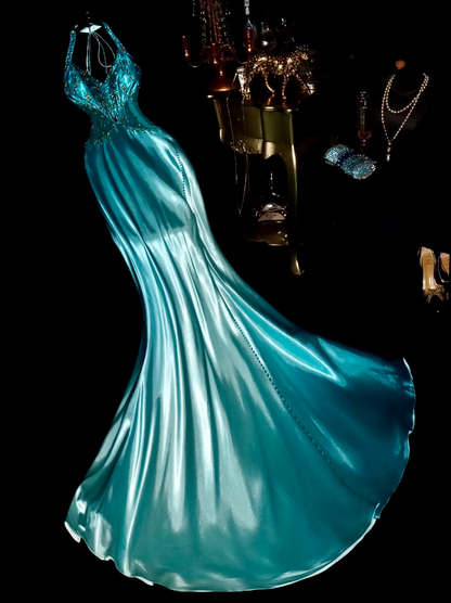 Lake blue halter neck fitted waist slim fishtail long ball gown R6419